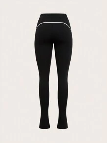 Easithlete Khối màu Quần Leggings thể thao Với Viền chia cắt Và Cạnh cuộn Chi tiết - màu đen - Xem 10