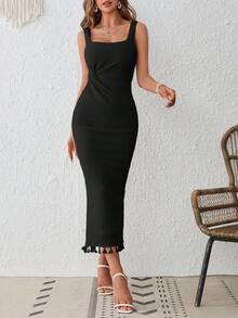 SHEIN VCAY Twist Front Split Thigh Fringe Hem Tank Dress - Black - View 5