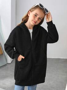 SHEIN Tween 女童休闲针织纯色连帽长款外套秋冬季 - 黑色 - 查看 5