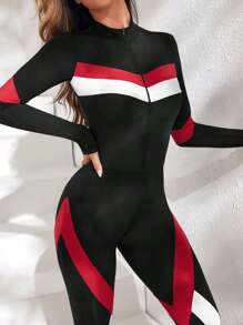 SHEIN Sport Studio Colorblock Zip Up Striped Print Sports Jumpsuit Full