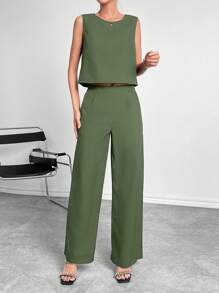 SHEIN Essnce Solid Tank Top & Wide Leg Pants - Army Green - View 4