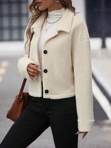 SHEIN Essnce 落肩袖前紐扣毛絨夾克 - 杏色 - 查看 3