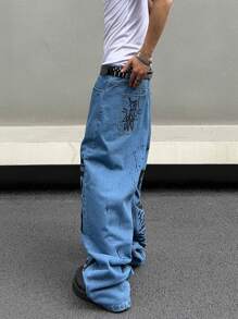 Manfinity Roghcode Men Letter Graphic Wide Leg Jeans Plain Wide Jeans, Long Royal Blue Oversize Washed Cargo Jeans, For Husband, Boyfriend Gifts - Blue - View 4