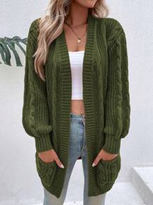 SHEIN LUNE Cable Knit Drop Shoulder Pocket Patched Duster Cardigan - Army Green - View 5