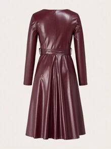 SHEIN Lady Women Spring Autumn Solid Color PU Leather Round Neck Long Sleeve Midi Elegant Office Dress