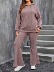 SHEIN LUNE Plus Drop Shoulder Hoodie & Flare Leg Pants - Dusty Pink - View 3