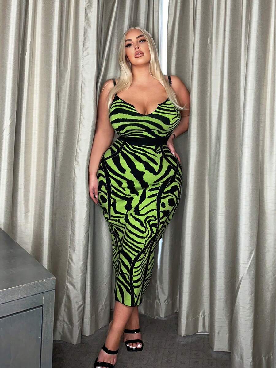 SHEIN SXY Plus Zebra Striped Pattern Cami Sweater Dress - Green - View 1