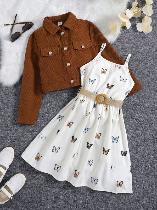 SHEIN Tween Girl Butterfly Print Belted Cami Dress & Flap Detail Cord Jacket