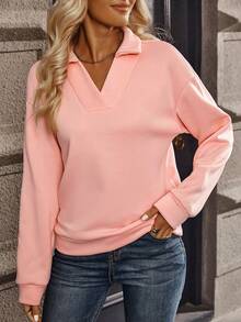 SHEIN LUNE Chất rắn Thả vai Áo nỉ - Hồng - Xem 4