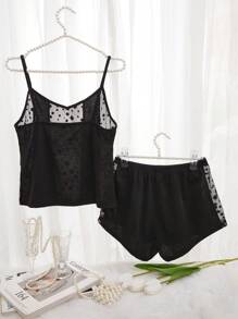 طقم بيجامات / طقم بيجامات بإدراج شبكي - الأسود - مشاهدة 2