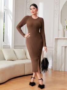 Modelyn Split Thigh Button Detail Ribbed Knit Sweater Dress Fall Cloth For Women - Coffee Brown - View 4