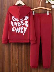 SHEIN 女大童標語圖案連帽衫和運動褲 - 酒紅色 - 查看 1