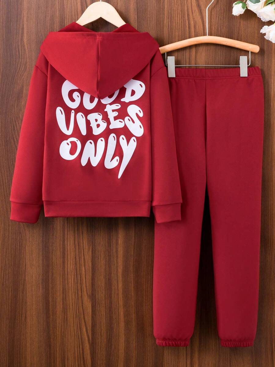SHEIN 女大童標語圖案連帽衫和運動褲 - 酒紅色 - 查看 1