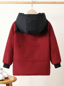 Tween Boy 双色字母拼接连帽棉服外套 - 酒紅色 - 查看 2