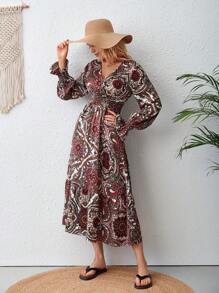 SHEIN VCAY Paisley Print Flounce Sleeve Ruffle Hem Dress - Khaki - View 3