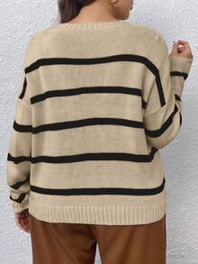 Celure Talla grande Jersey con patrón de rayas de hombros caídos - Caqui - Ver 2