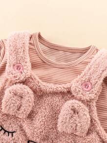 SHEIN Young Girl Solid Tee & Cartoon Embroidery 3D Ear Design Teddy Overall Dress - Pink - View 6