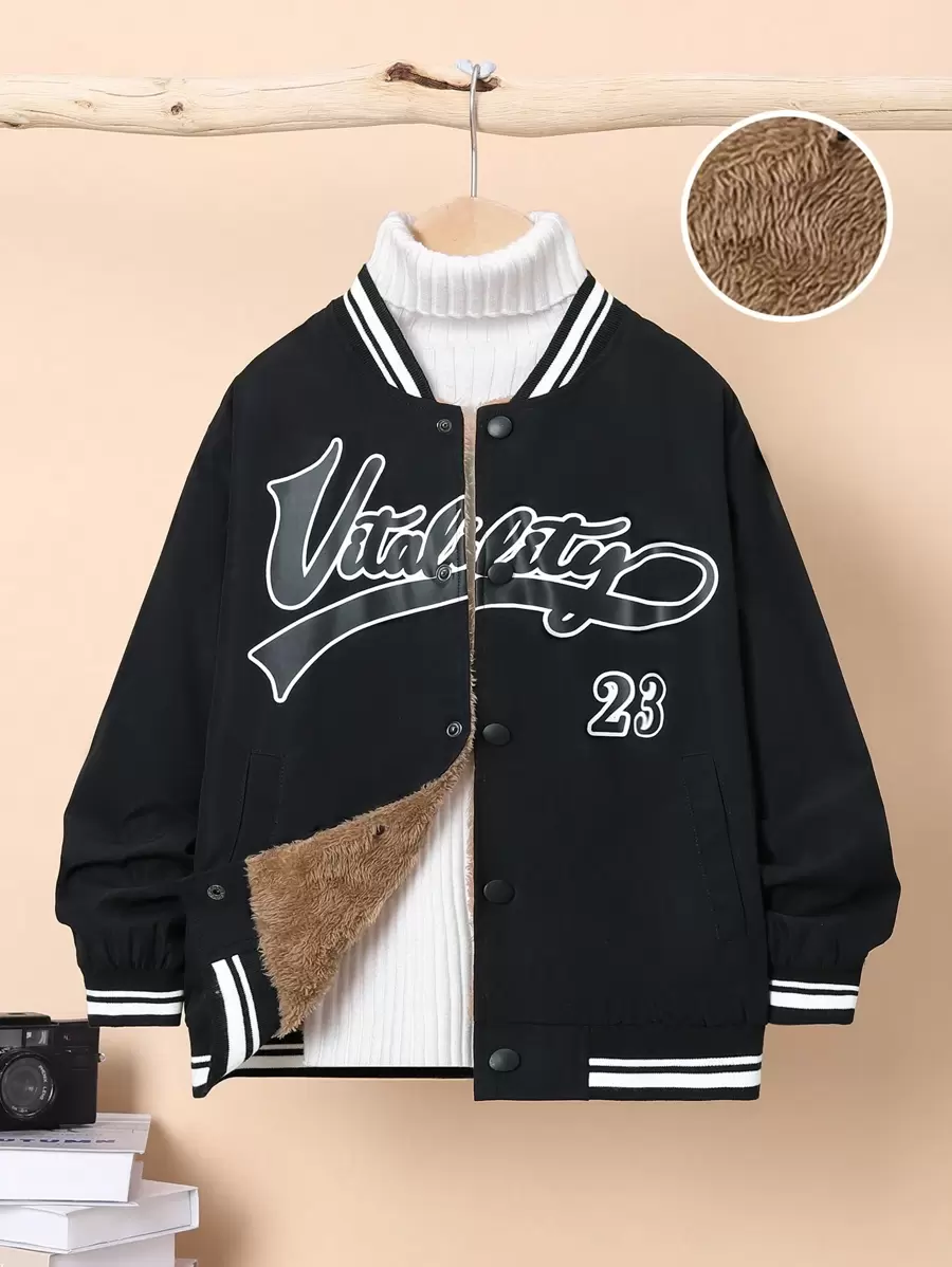 SHEIN Cậu bé Tween Đồ họa Chữ cái Sọc trang trí Lót nhiệt Áo khoác Đại học Không có áo len - màu đen - Xem 1