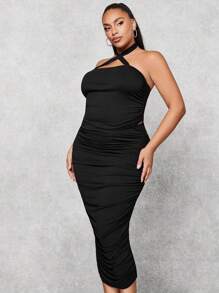 SHEIN BAE Plus Crisscross Halter Top & Ruched Pencil Skirt - Black - View 5