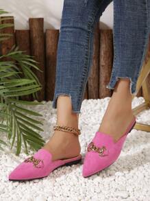 Pointed Toe Flat & Half-slip-on Design Women's Mules, Pink Slippers - Hot Pink - View 1