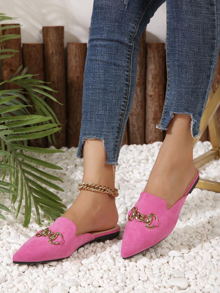 Pointed Toe Flat & Half-slip-on Design Women's Mules, Pink Slippers - Hot Pink - View 1