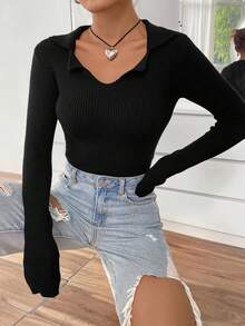 SHEIN Unity Solid Ribbed Knit Sweater - Black - View 5