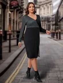 SHEIN Clasi Hơn In vết tròn Polka Tách đùi Đầm - Đen và trắng - Xem 4