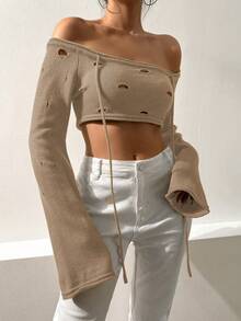 SHEIN Unity 一字肩鏤空荷葉袖短款毛衣 - 卡其色 - 查看 4