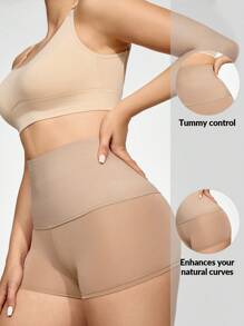 Shapelle Forme Women's Apricot Knitted Fabric Semi-Sheer Tummy Control Mini Shorts Casual Style Mid Stretch Waist Control Leggings