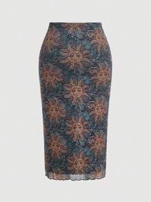 SHEIN MOD Plus Sun Print Lettuce Trim Mesh Skirt - Green - View 2