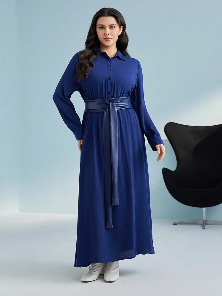 Plus Half Button Belted Shirt Dress