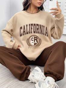 INAWLY Letter Graphic Drop Shoulder Sweatshirt & Sweatpants - Khaki - View 1