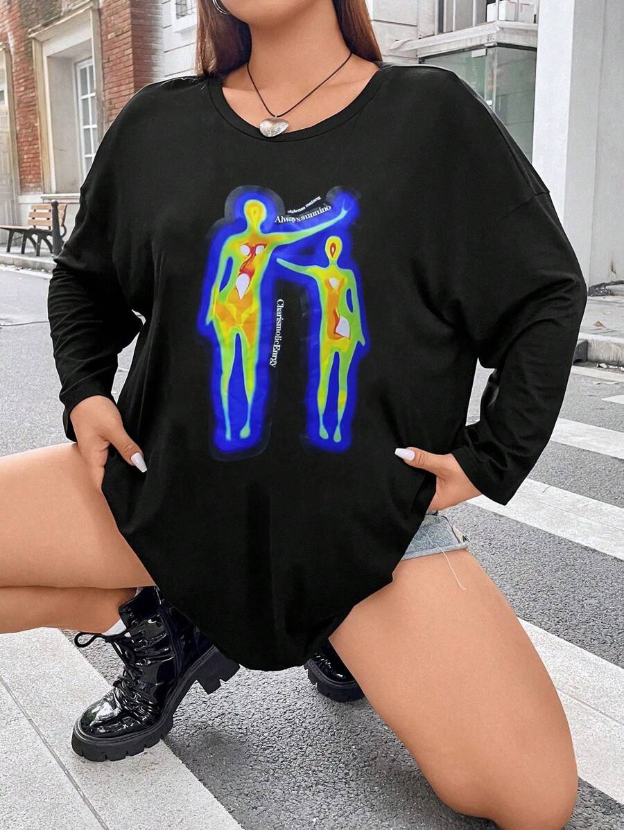 Flirla Hơn Đồ họa Hình & Chữ cái Áo thun Thả vai - màu đen - Xem 1