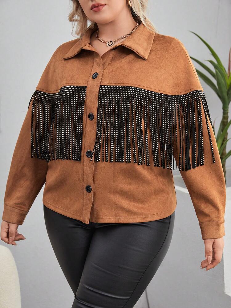 Plus Fringe Trim Drop Shoulder Suedette Jacket