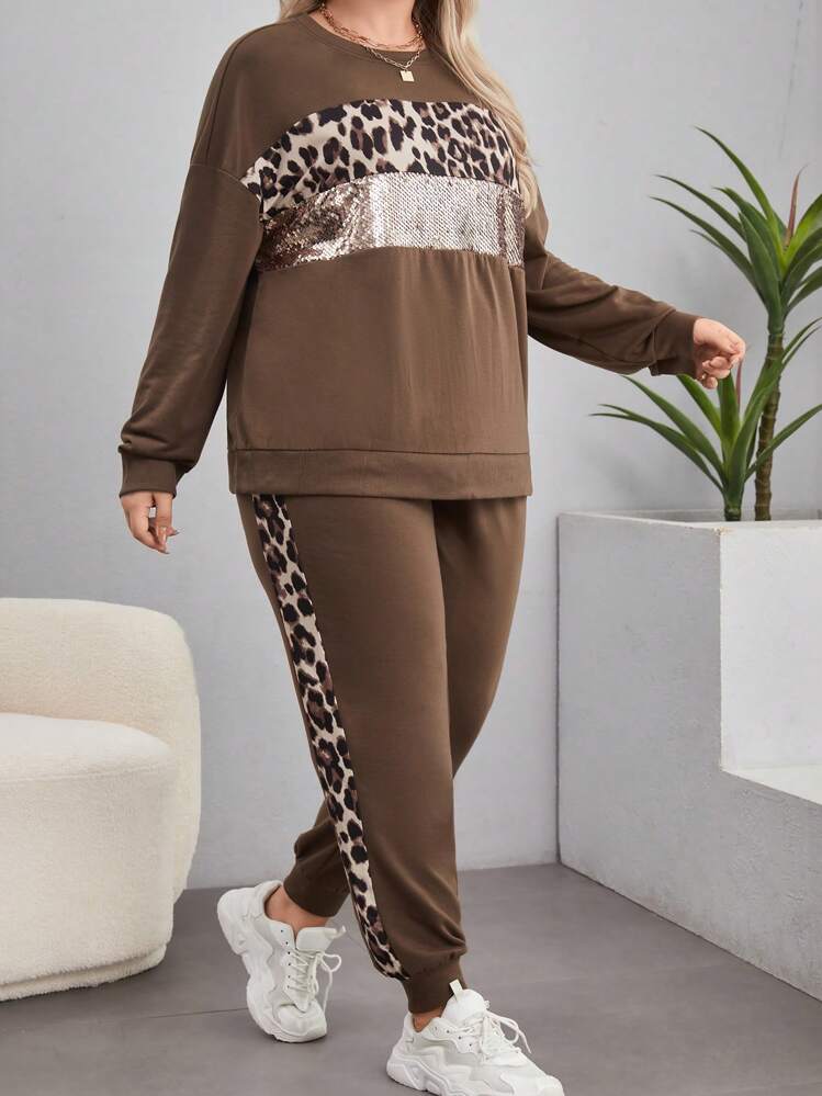 SHEIN LUNE Talla grande Pantalones deportivos con sudadera con estampado de leopardo de hombros caídos - Óxido marrón - Añade 5