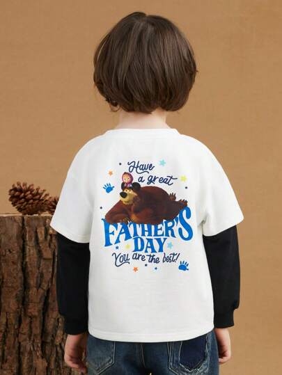 SHEIN X Masha and The Bear Young Boy 1pc Slogan & Cartoon Graphic 2 In 1 Pullover