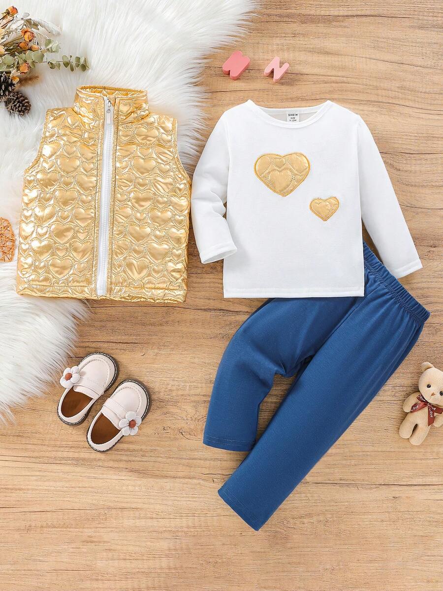 Đứa bé gái In Trái tim Áo khoác & Áo thun & quần - Nhiều màu - Xem 1