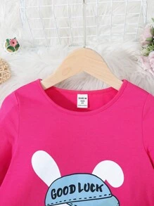 SHEIN Young Girl Cartoon & Letter Graphic Tee Dress - Hot Pink - View 4