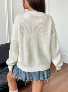 Flirla Suéter con diseño bordado de letra, de hombro caído, sin blusa, de manga larga