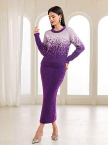Modelyn Colorblock Sweater & Knit Skirt 2 Piece Set Fall Cloth For Women - Purple - View 3