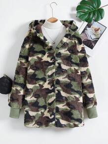 Thiếu niên cô gái Camo In áo có mũ Lông cừu áo Không có áo len - xanh quân đội - Xem 1