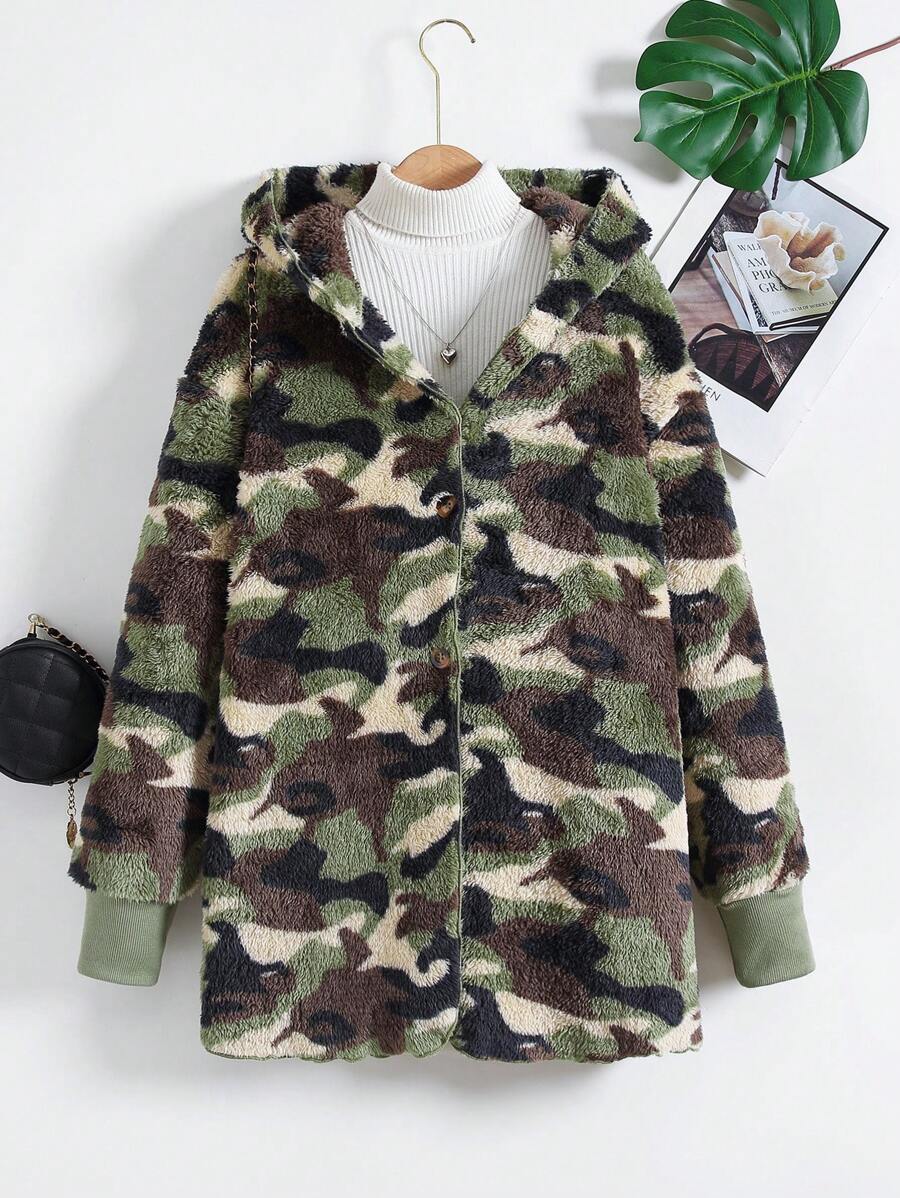 Thiếu niên cô gái Camo In áo có mũ Lông cừu áo Không có áo len - xanh quân đội - Xem 1