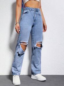 SHEIN EZwear Cao eo Rách Quần legging thẳng - Rửa trung bình - Xem 3