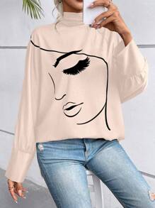 EMERY ROSE Figure Graphic Batwing Sleeve Blouse,Long Sleeve Tops