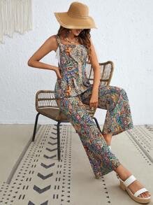 SHEIN VCAY Women's Patterned Overalls Jumpsuit - Multicolor - View 3