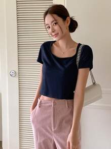 DAZY Chất rắn Scoop Cổ Áo phông Crop - Màu xanh lam - Xem 4