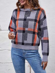 SHEIN LUNE Jersey con patrón de cuadros de hombros caídos