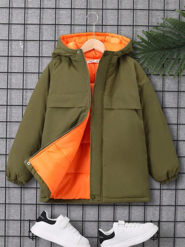 SHEIN Tween Boy 单件翻盖细节连帽棉服外套