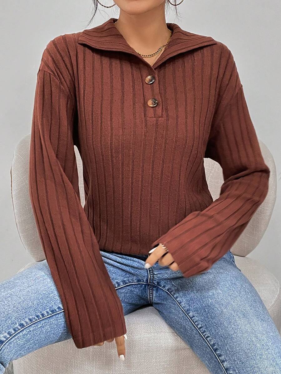 SHEIN Essnce Cổ Polo Thả vai Đồ đan Ribbed Áo thun - màu nâu - Xem 1