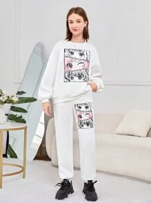 SHEIN Teen Girl Figure Graphic Drop Shoulder Pullover & Sweatpants - White - View 4
